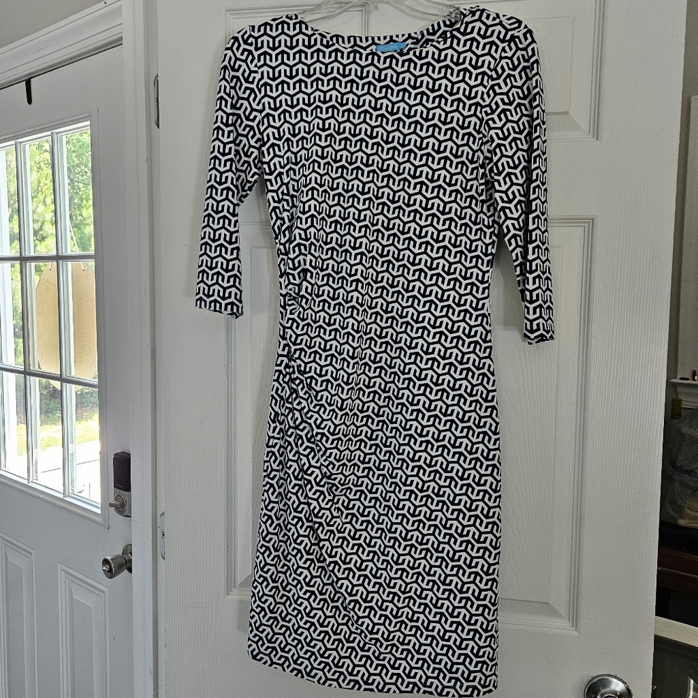 J. McLaughlin Geometric Black, Blue and White 3/4  Sleeve Dress